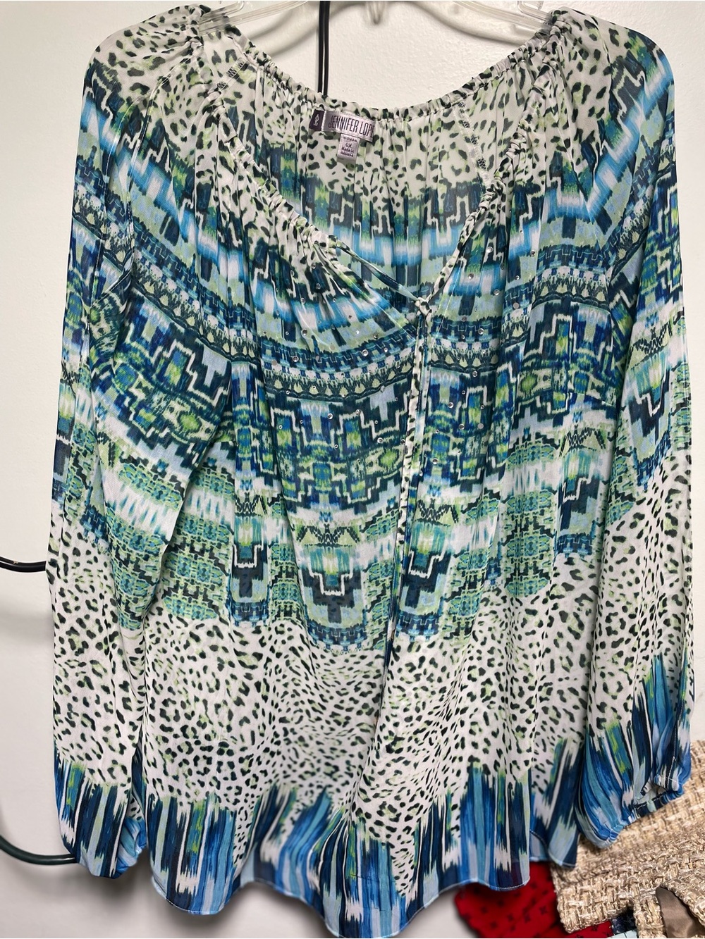 Jennifer Lopez Blue and Green Patterned Peasant Tunic